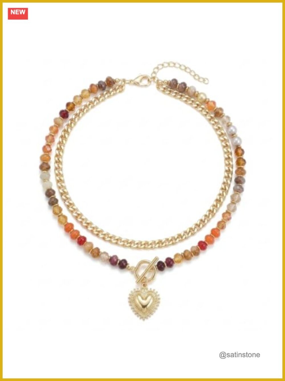 14K Gold Plated Layered Heart Pendant Necklace Beaded Boho Dainty
